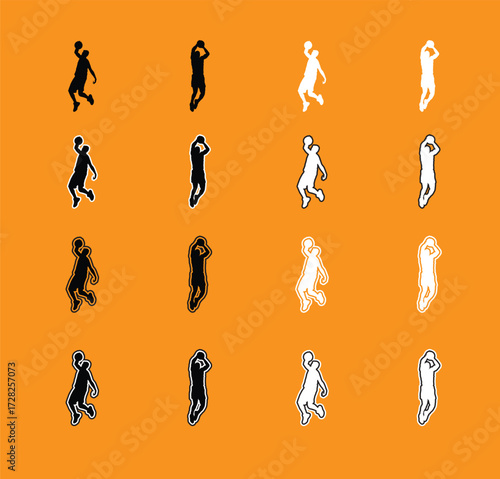 Collection of Basketball Player Poses Silhouettes A set of vector silhouettes of basketball players performing various actions, including dribbling, shooting, and dunking. Perfect for sports graphics