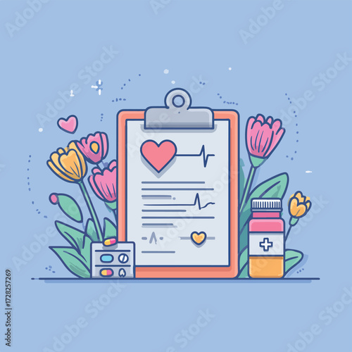 心臓の鼓動を示す医療記録が描かれたクリップボードと、優しげな花々、そして薬が調和する、健康とケアを表現した可愛らしいベクターイラストレーション。
