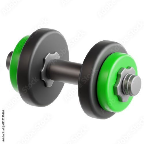 A high-quality 3D render of a single dumbbell, an essential piece of fitness equipment for bodybuilding, weightlifting, and strength training