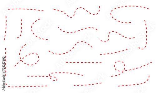 Hand drawn squiggle line. Trip dashed trace destination track path line collection. Long dashed spiral wavy line. Curve dotted line. Eps 10.
