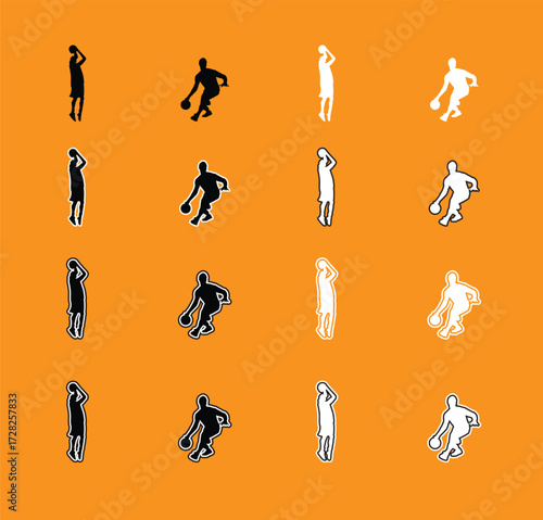 Collection of Basketball Player Poses Silhouettes A set of vector silhouettes of basketball players performing various actions, including dribbling, shooting, and dunking. Perfect for sports graphics