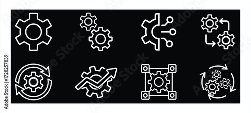Setup and settings system thin line icon set. Contains options, configuration, technology, process, maintenance, installation, 