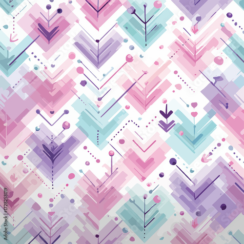 水彩画のような柔らかなパステルカラーで描かれた、抽象的な矢印やシェブロンのような幾何学的なモチーフがリズミカルに配置されたシームレスなベクターパターン。ウェブサイトの背景、テキスタイル、包装紙など、多岐にわたるデザインプロジェクトに創造性とモダンな雰囲気を加えます。