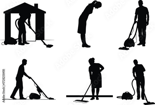 Silhouette vacuuming, household cleaning, black figures, daily chores, lifestyle illustration, hygiene concept
