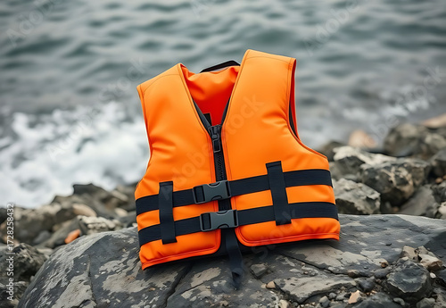 An orange helmet and goggles resting on the sand of a beach with the ocean and a boat in the summer sky