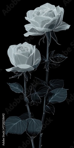 Delicate, translucent roses, a grayscale illustration, stand out against a stark black background, showcasing intricate detail.