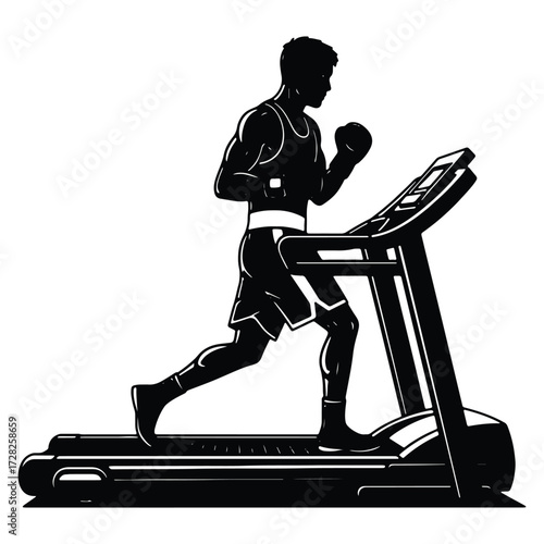 Silhouette of a boxer training on a treadmill cardio workout