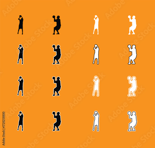 Collection of Basketball Player Poses Silhouettes A set of vector silhouettes of basketball players performing various actions, including dribbling, shooting, and dunking. Perfect for sports graphics