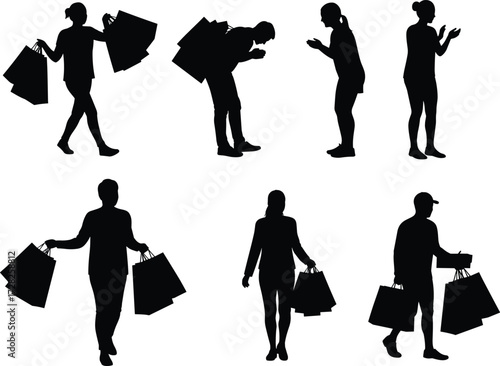 Silhouette shopping, carrying bags, retail lifestyle, black figures, consumer activity, fashion concept,