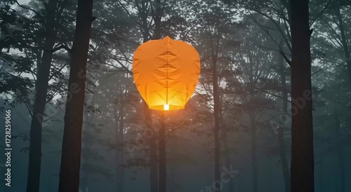 Floating lantern illuminating foggy forest at sunset  
