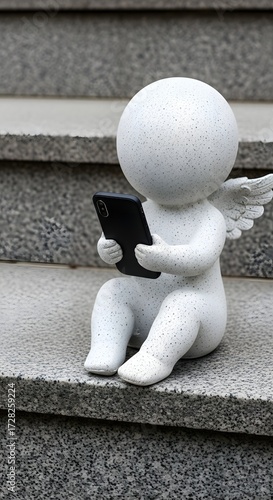 Angel statue using a phone sitting on the stairs in an outdoor setting today now here now