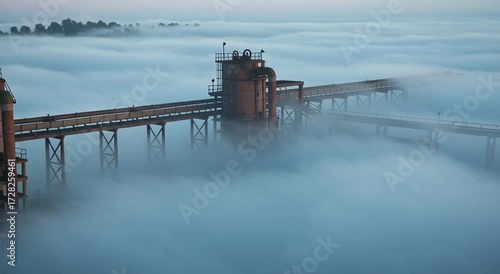 Industrial pier above foggy landscape during early morning light  