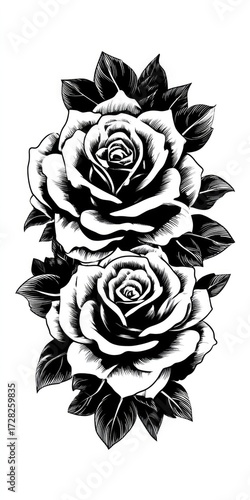 Two elegant black and white roses with intricate details and dark leaves are presented in a vertical arrangement against a pure white background.