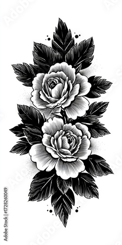 Two elegant roses, intricately detailed with dark lines and leaves, create a striking black and white design.