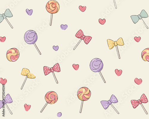 カラフルなキャンディとリボンのシームレスパターン。子供向けの可愛らしいイラスト素材。