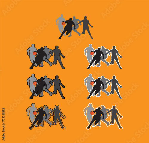 Collection of Basketball Player Poses Silhouettes A set of vector silhouettes of basketball players performing various actions, including dribbling, shooting, and dunking. Perfect for sports graphics