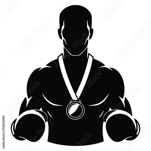 Silhouette of muscular boxer with medal celebrating victory and champion