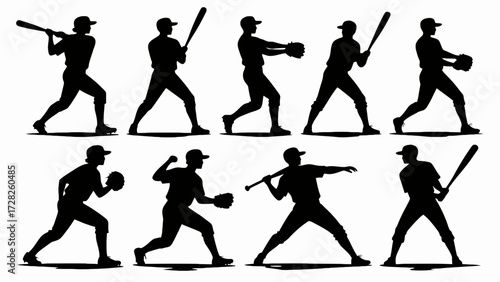 Silhouettes of baseball players' body movements, a collection of vector illustrations