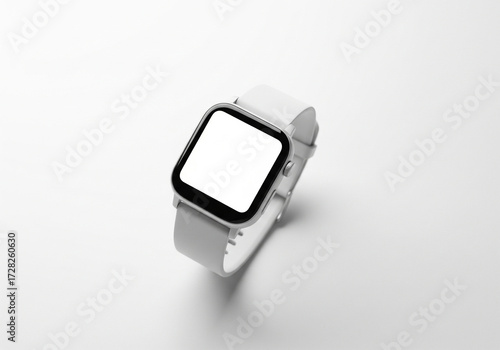 Modern white smartwatch with a blank screen for mockup, isolated on a white background. Concept of wearable technology and connectivity
