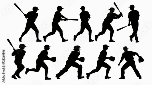 Silhouettes of baseball players' body movements, a collection of vector illustrations