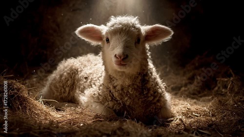 lamb lying in soft straw illuminated by divine light symbolizing christianity faith innocence sacrifice and purity of jesus christ
