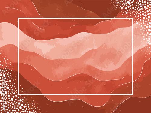 水彩風の赤系の流れるような波模様と白い枠、抽象的な背景デザイン、ベクター素材