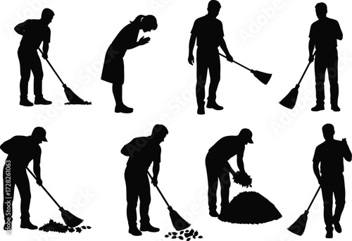 Silhouette sweeping, cleaning activity, manual labor, black figures, daily chores, lifestyle illustration