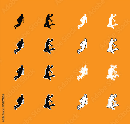 Collection of Basketball Player Poses Silhouettes A set of vector silhouettes of basketball players performing various actions, including dribbling, shooting, and dunking. Perfect for sports graphics