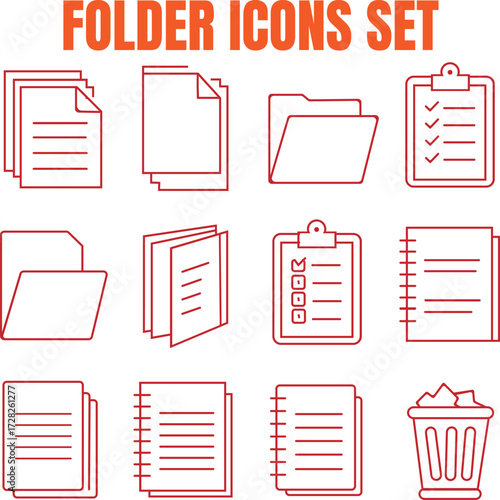Red line icons of documents folders and trash clipboard
