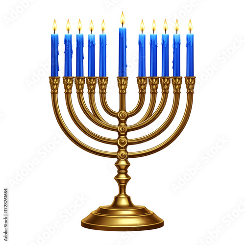 Ornate Gold Menorah with Nine Lit Blue Candles Transparent Background