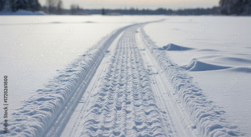 Obraz premium A closeup of snowmobile tracks in the snow, showcasing the texture and pattern of the tire marks on a bright, winter day