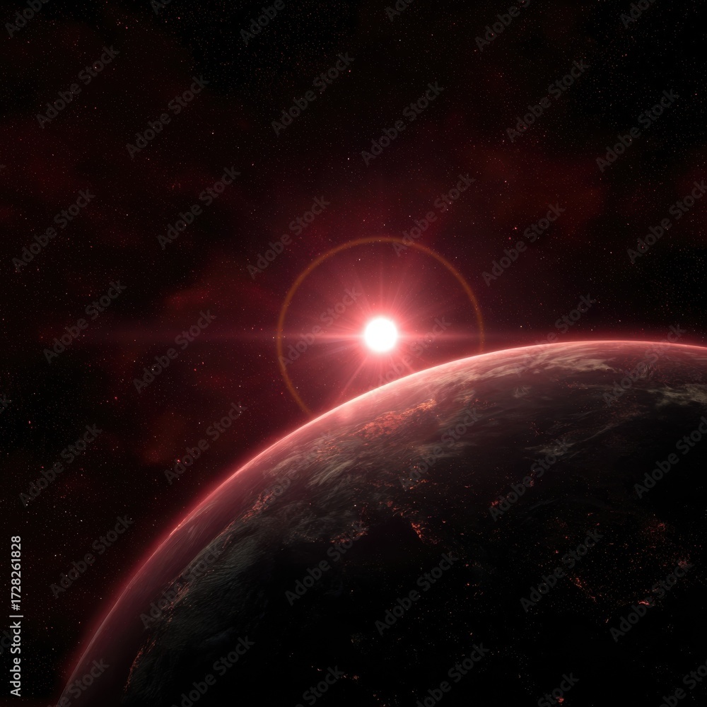 Obraz premium Earth From Space at Sunrise with Red Sunlight, Atmospheric Glow and Starry Sky. Cosmic, Astronomical and Planetary Exploration Concept.