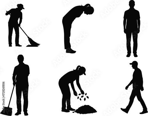 Silhouette sweeping, gardening activity, walking posture, black figures, daily chores, lifestyle illustration,