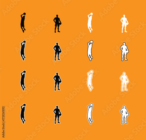 Collection of Basketball Player Poses Silhouettes A set of vector silhouettes of basketball players performing various actions, including dribbling, shooting, and dunking. Perfect for sports graphics
