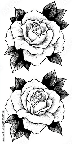 Wallpaper Mural Two intricate black and white rose designs, detailed with shading and elegant lines, perfect for tattoo or decorative use. Torontodigital.ca