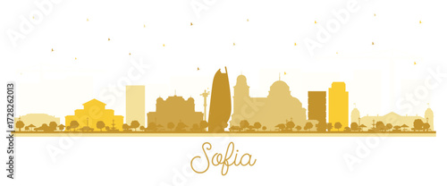 Sofia Bulgaria city skyline silhouette with golden buildings isolated on white. Illustration. Sofia Cityscape with Landmarks. Business Travel and Tourism Concept with Historic Architecture.