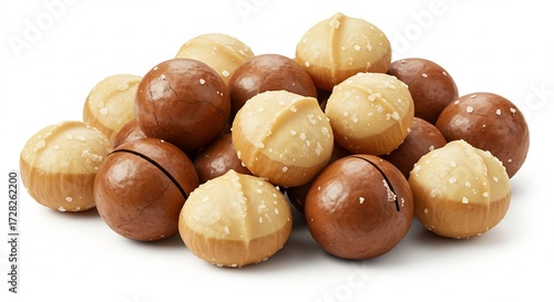 明るい光が当たる純白の背景に美味しそうな殻付きと殻なしのマカダミアナッツが山積み. AI Generated