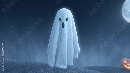 halloween cute cartoon ghost on a moonlight background with pumpkin,halloween ghost Floating in the moonlight,spooky halloween night,halloween pumpkin and ghost