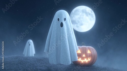 halloween cute cartoon ghost on a moonlight background with pumpkin,halloween ghost Floating in the moonlight,spooky halloween night