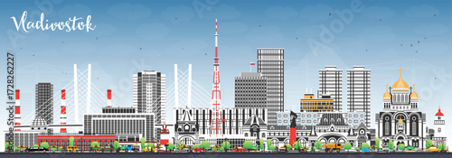 Vladivostok Russia city skyline with color buildings and blue sky. Illustration. Vladivostok cityscape with landmarks. Business travel and tourism concept with modern and historic architecture.