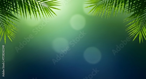 Green palm fronds and bokeh lights create a serene and tropical background image for design use