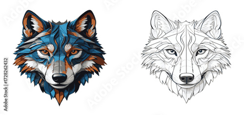 Wolf heads illustration with one colored detailed design and one black and white outline