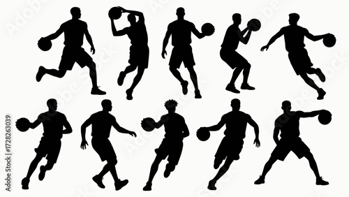 Silhouettes of basketball players' body movements, a collection of vector illustrations