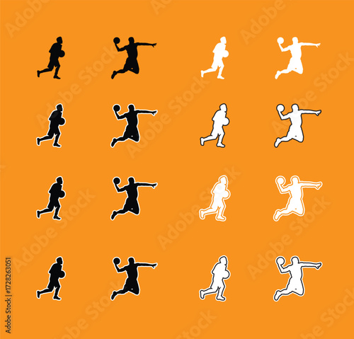 Collection of Basketball Player Poses Silhouettes A set of vector silhouettes of basketball players performing various actions, including dribbling, shooting, and dunking. Perfect for sports graphics