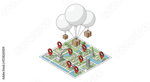Visualizing the process of delivering packages from a central hub to various locations on a city map via airborne transportation.