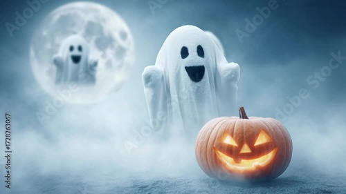 halloween cute cartoon ghost on a moonlight background with pumpkin,halloween ghost Floating in the moonlight,spooky halloween night,halloween pumpkin and ghost