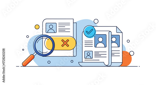 Analyzing candidate profiles with a magnifying glass to select the best fit for the job.
