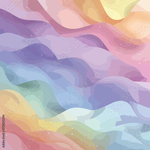 柔らかなパステルカラーの波模様が重なり合う、幻想的で美しいベクター背景イラスト。