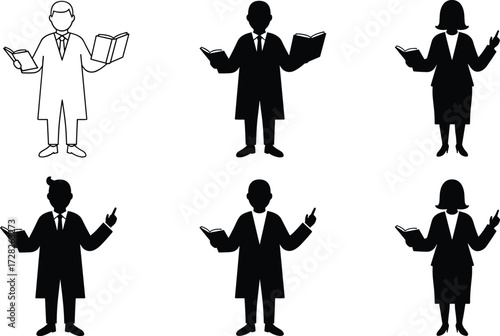 Teacher, lecturer, educator, silhouette, formal, book, gesture, instruction, classroom, academic, character, pose, black, white, illustration, male, female, bun, bob, education