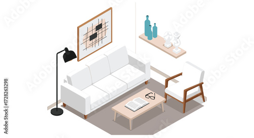 A minimalist living room featuring a white sofa armchair and artwork.